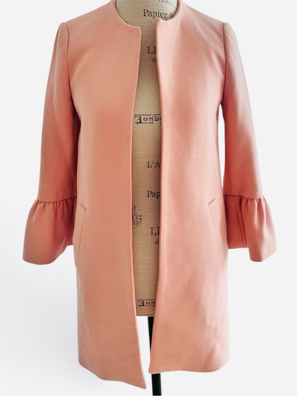 Zara Blush Pink Ruffle Sleeve Open Front Coat XS 24